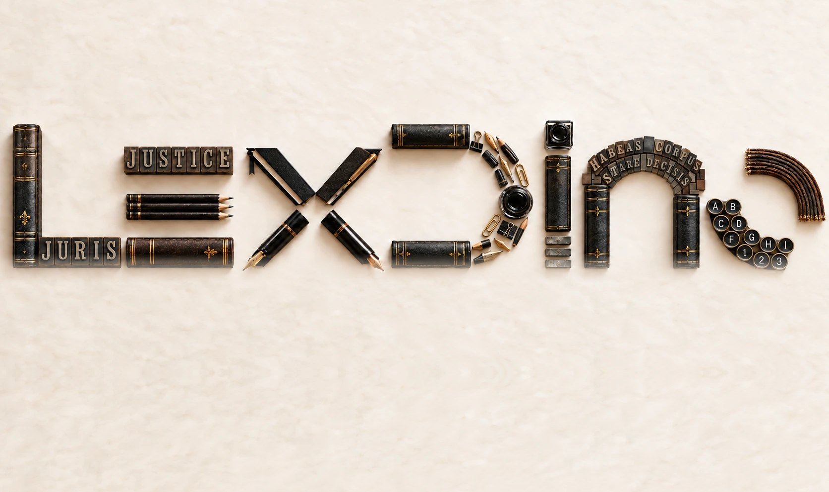 The LexDino name set in the objects of the law — bound volumes, fountain pens, pencils, an inkwell, printer’s type and typewriter keys.